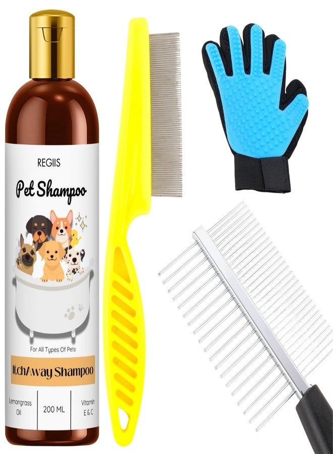 Regiis Pet Shampoo Set with Grooming Brush, Combs, Glove, Itch Away Formula for All Types of Pets, Lemongrass Oil, Vitamin E, 200ml(Pack of 4) - Image 1